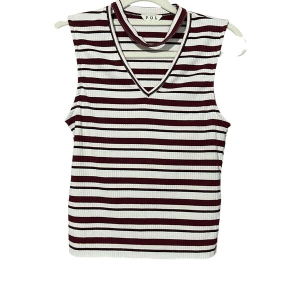 POL Women's Sleeveless Top Small White Red Stripped V-Neck Stretch Minimalist - Picture 1 of 8